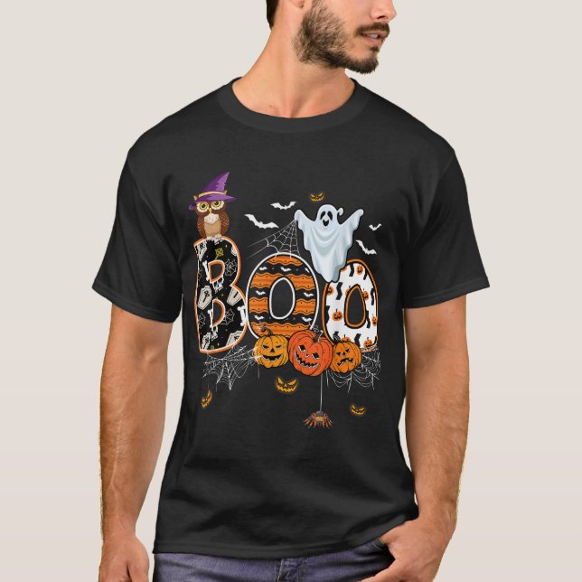 Boo Creepy Owl Pumpkin Ghost Halloween  T-Shirt (Front)