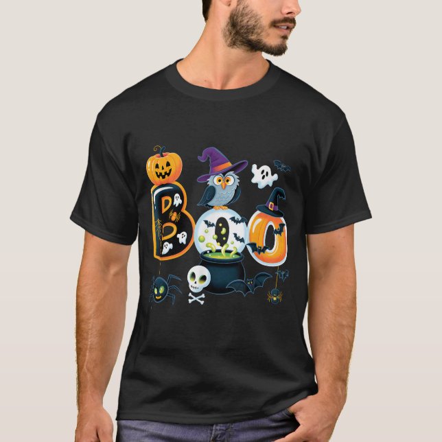 Boo Creepy Owl Pumpkin Ghost Spooky Halloween Men  T-Shirt (Front)