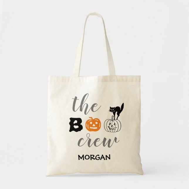 Boo crew black cat pumpkin personalised Halloween Tote Bag (Front)