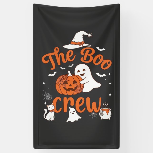Boo Crew Ghost Pumpkin White Cat Witch Hat Banner (Vertical)