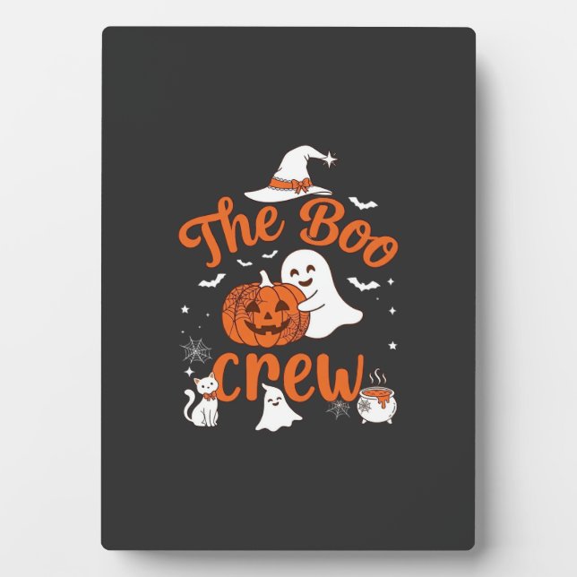 Boo Crew Ghost Pumpkin White Cat Witch Hat Plaque (Front)
