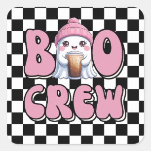 Boo Crew Pink Ghost with Iced Coffee Personalised Square Sticker