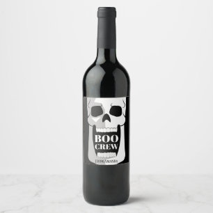Boo Crew Simple Skull Halloween Black and White Wine Label