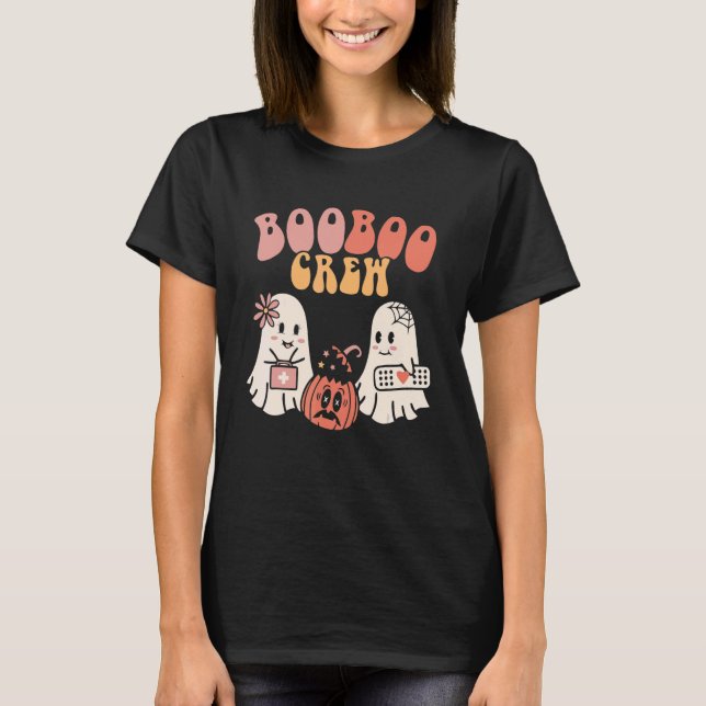 Boo Crew Spooky Season Pumpkin Nurse Ghost Hallowe T-Shirt (Front)