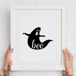 Boo. Cute black white ghost. Halloween kids party Poster