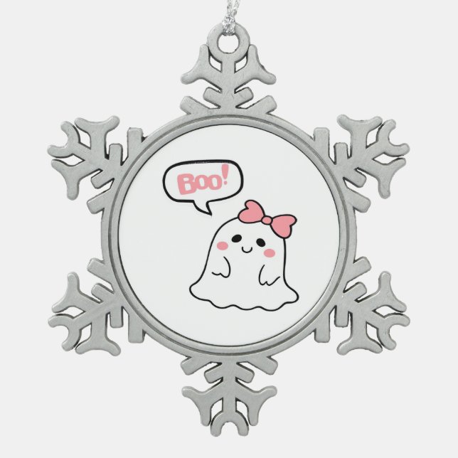 Boo! Cute Boo Minimal Clean Snowflake Pewter Christmas Ornament (Front)