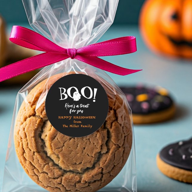 BOO Cute ghost Black & white Halloween  Classic Round Sticker (Creator Uploaded)