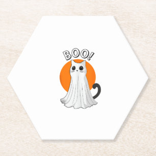 Boo Cute Ghost Cat Halloween Moon Spooky Kitty Paper Coaster