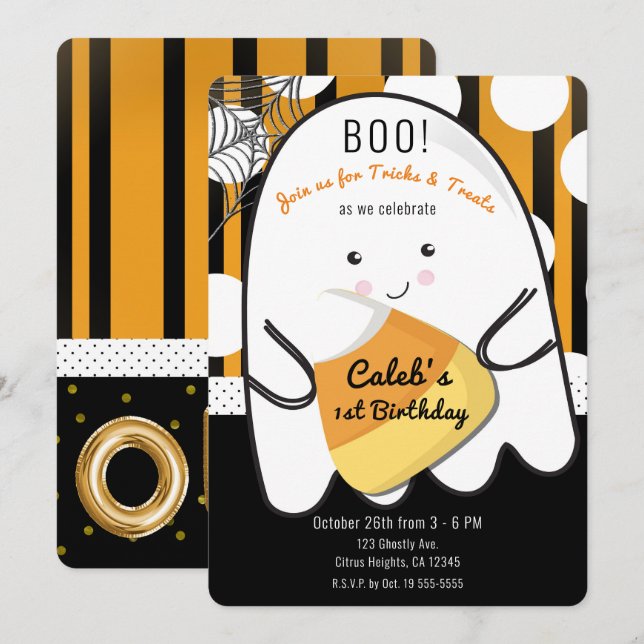 Boo Cute Ghost Halloween ONE 1st Birthday Party Invitation (Front/Back)
