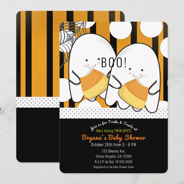 Boo Cute Ghost  Twin Boys Halloween Baby Shower Invitation (Front/Back)