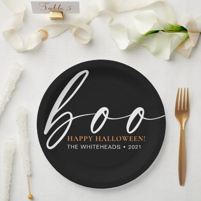 Boo Cute Happy Halloween Black Paper Plate (Wedding)