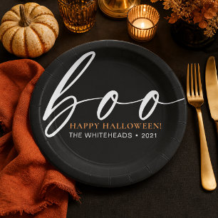 Boo Cute Happy Halloween Black Paper Plate