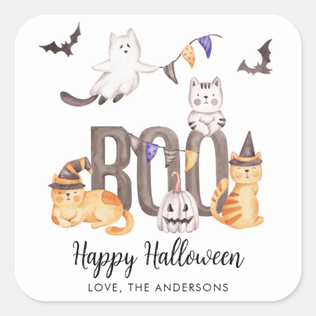 Boo Cute Happy Halloween Cats Ghosts Kid's Party  Square Sticker (Front)