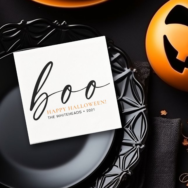 Boo Cute Happy Halloween White Napkin (Boo! Minimalistic typography Halloween design in the colors black, orange and white napkin)