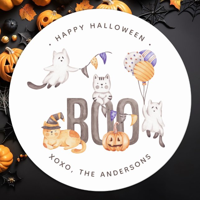 Boo Cute Kid's Cats Ghosts Pumpkin Happy Halloween Classic Round Sticker (Creator Uploaded)