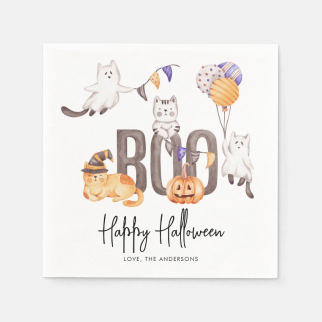 Boo Cute Kid's Happy Halloween Cats Ghosts Party Napkin (Front)