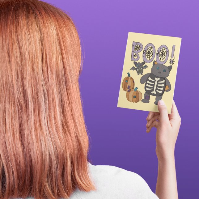 Boo! Cute Patchwork Skeleton Cat and Bat Halloween Postcard (Creator Uploaded)