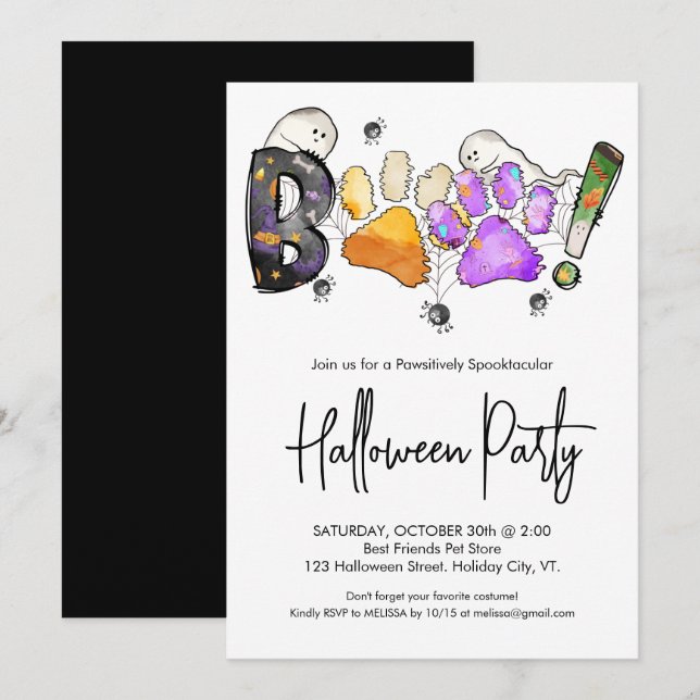 Boo Cute Pet Paw Prints Dog Lover Halloween Party  Invitation (Front/Back)