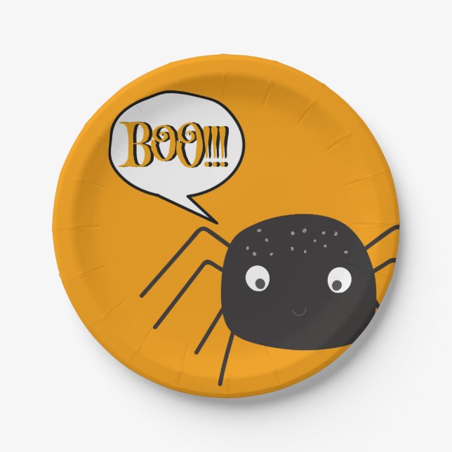 Boo!, cute spider pumpkin orange paper plate (Front)