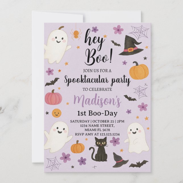 Boo Day 1st Birthday Invitation | Cute Ghost Hey (Front)
