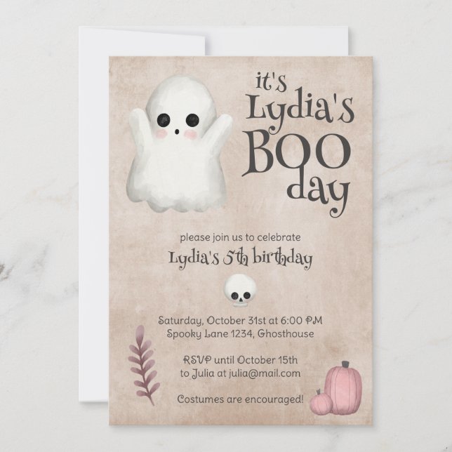 Boo Day Kawaii Ghost Halloween Birthday Invitation (Front)