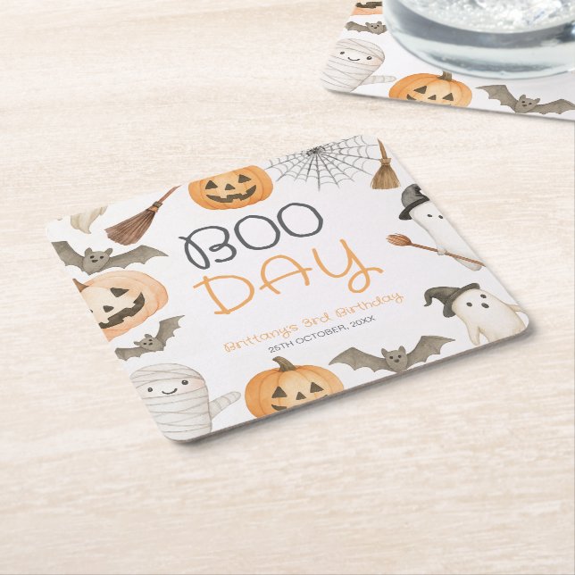 Boo Day Spooky Halloween Birthday Square Paper Coaster (Angled)