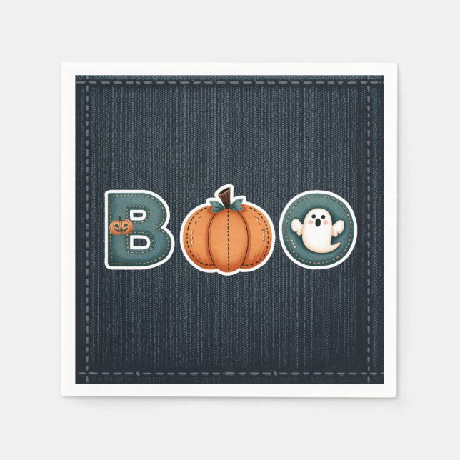 BOO Denim Rustic Country Pumpkin Ghost Halloween Napkin (Front)