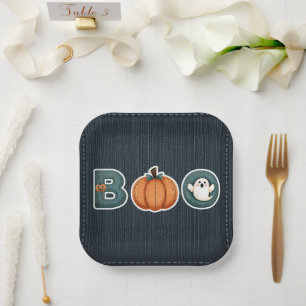 BOO Denim Rustic Country Pumpkin Ghost Halloween Paper Plate