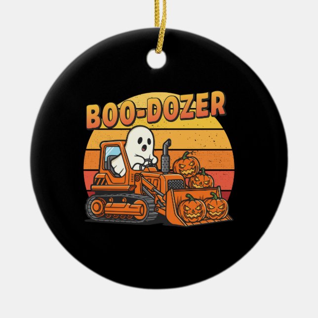 Boo Dozer Ghost Funny Halloween Ceramic Tree Decoration (Front)