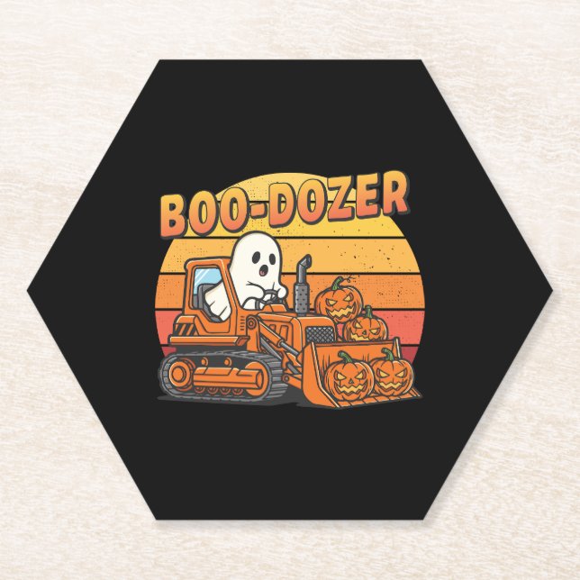 Boo Dozer Ghost Funny Halloween Paper Coaster (Front)