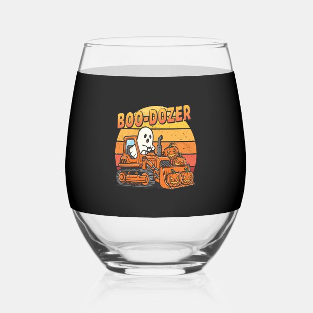 Boo Dozer Ghost Funny Halloween Stemless Wine Glass (Front)