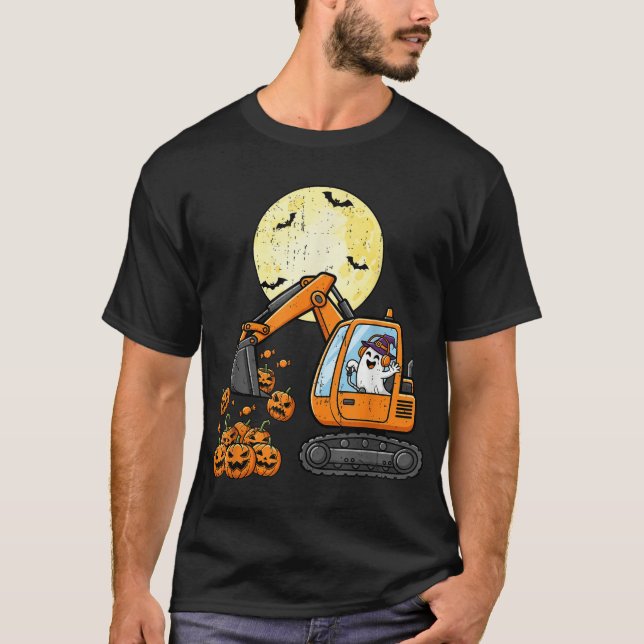  Boo Driving Excavator Pumpkin Halloween Kids Boys T-Shirt (Front)