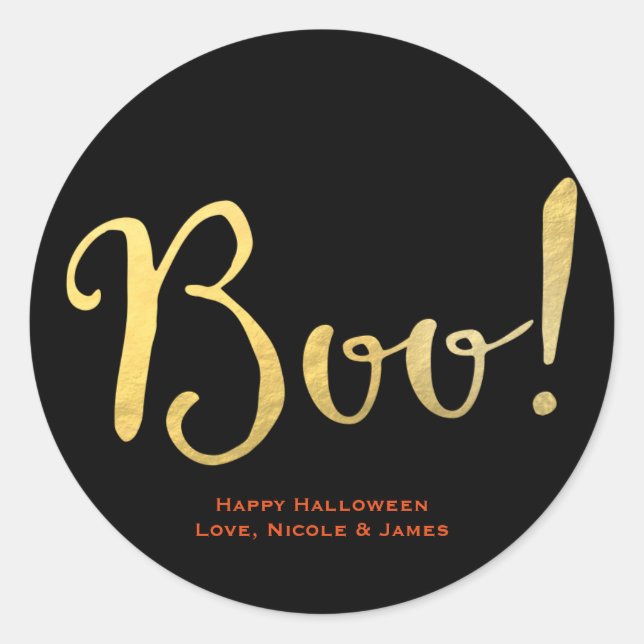 BOO! Faux Gold Foil Look Halloween Party Favour Classic Round Sticker (Front)