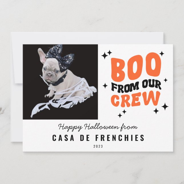 Boo From Crew | Modern Retro Halloween Photo White Holiday Card (Front)