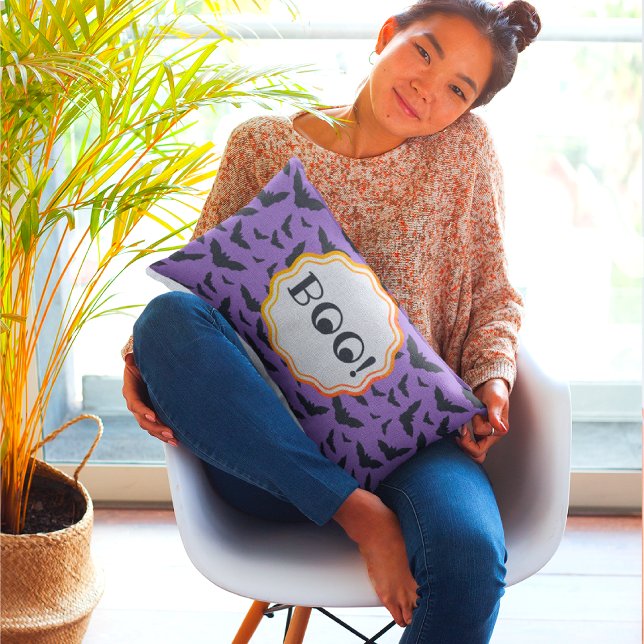 BOO! Funny Halloween Purple/Black Flying Bats  Decorative Cushion (Boo! This purple haze pillow is too cute to scare anyone!)