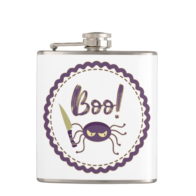 Boo funny Halloween spider character knife hand Hip Flask (Front)