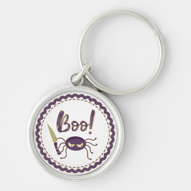 Boo funny Halloween spider character knife hand Key Ring (Front)