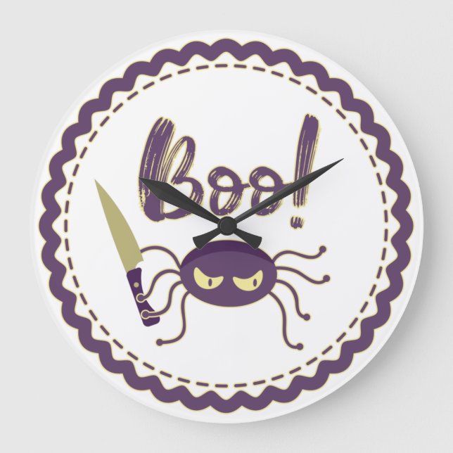 Boo funny Halloween spider character knife hand Large Clock (Front)