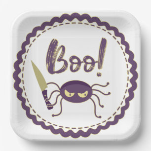 Boo funny Halloween spider character knife hand Paper Plate