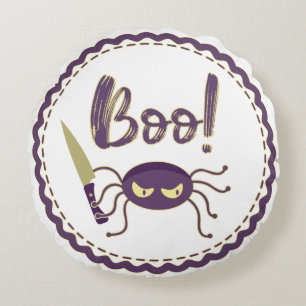 Boo funny Halloween spider character knife hand Round Cushion