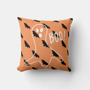 Boo! Ghost and Bats Halloween Throw Pillow