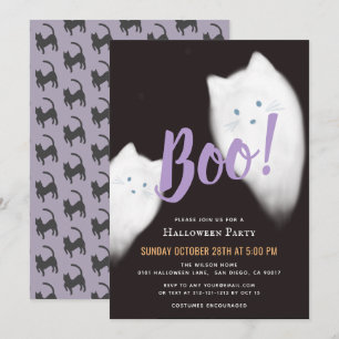 Boo! Ghost Cat Cute Purple Halloween Party Invitation