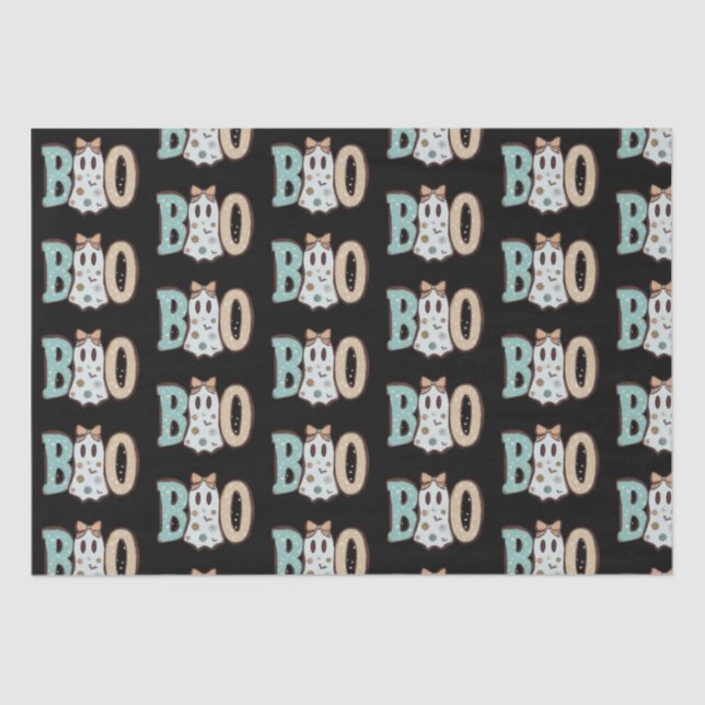Boo Ghost Green Orange Cute Black Halloween Tissue Paper (Front)