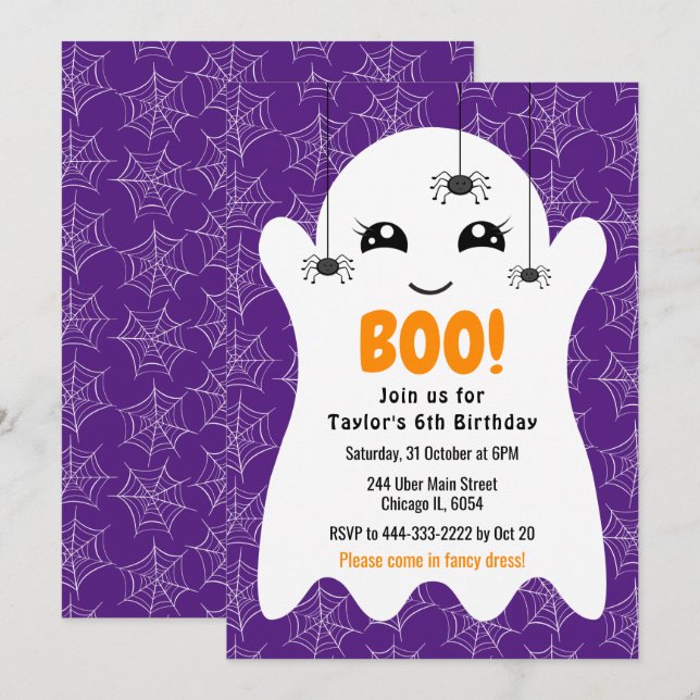 Boo Ghost Halloween Birthday Costume Party Purple Invitation (Front/Back)