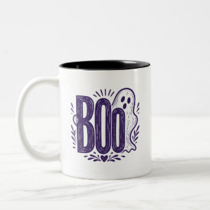Boo Ghost Halloween Linocut Design Two-Tone Coffee Mug