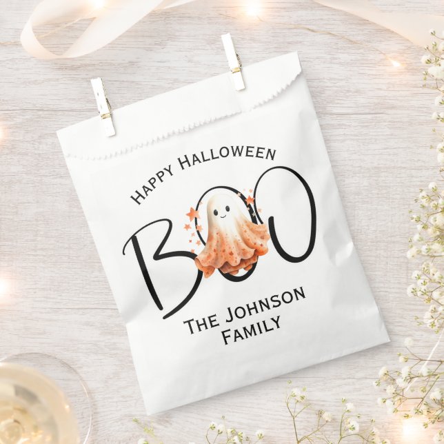 Boo Ghost Halloween White Black Modern Family Name Favour Bags (Clipped)