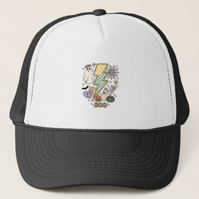 Boo Ghost Lightning Bolt Skeleton Hand Pumpkins Trucker Hat (Front)