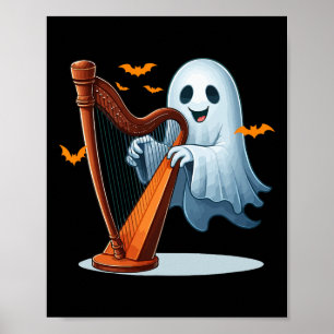 Boo Ghost Playing Harp Halloween Musical Instrumen Poster