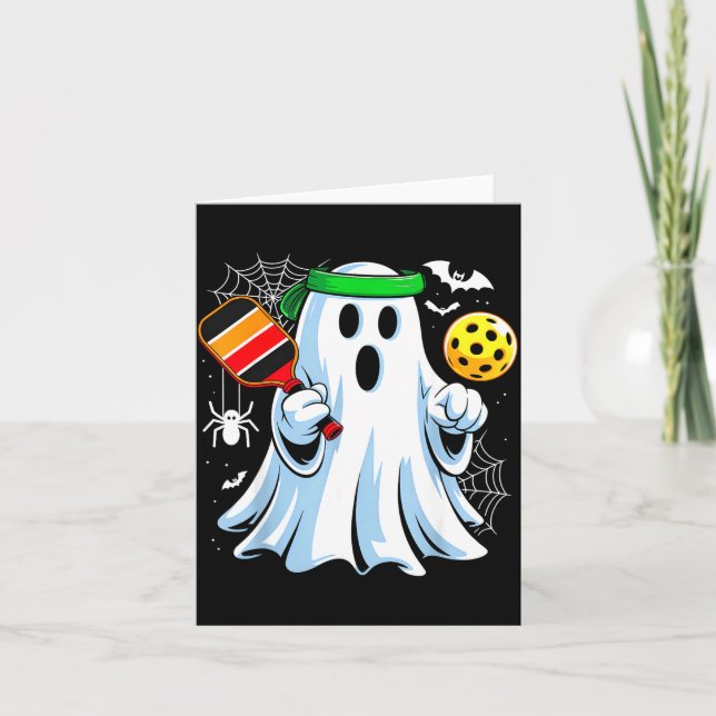 Boo ghost playing pickle ball funny halloween card (Front)