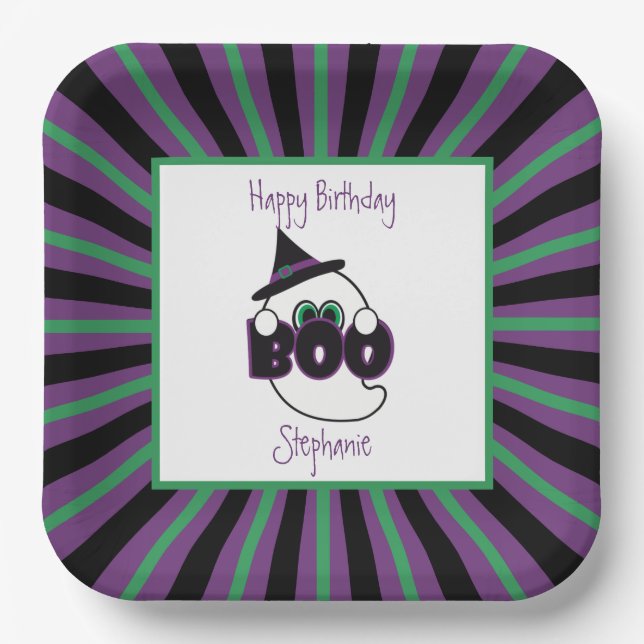 Boo Ghost Purple, Black, and Green Birthday Paper Plate (Front)